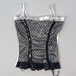 Patty Womens Heart Mesh Corset Style Camisole Top Black White Smocked Small